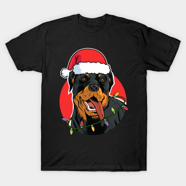 Rottweiler Santa Christmas Tree Lights T-Shirt by Rebrand